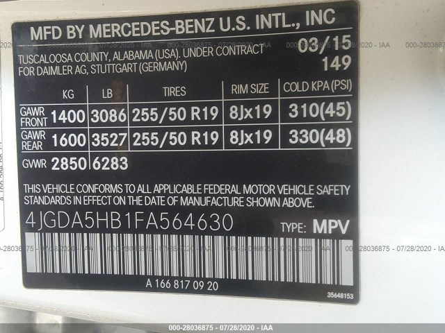 Photo 8 VIN: 4JGDA5HB1FA564630 - MERCEDES-BENZ M-CLASS 