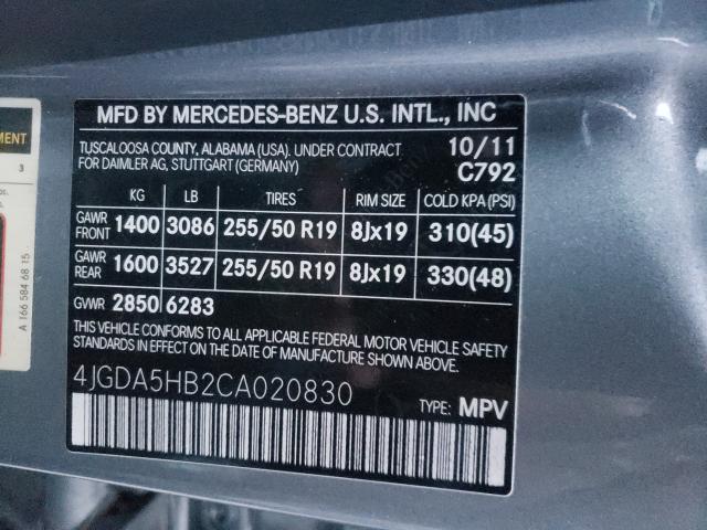 Photo 9 VIN: 4JGDA5HB2CA020830 - MERCEDES-BENZ ML 350 4MA 