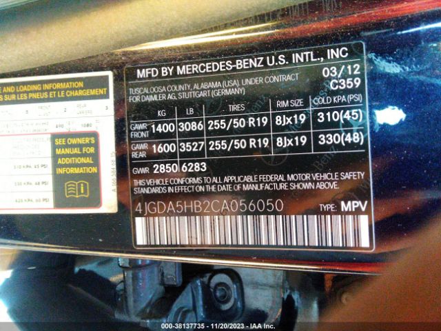 Photo 8 VIN: 4JGDA5HB2CA056050 - MERCEDES-BENZ ML 350 