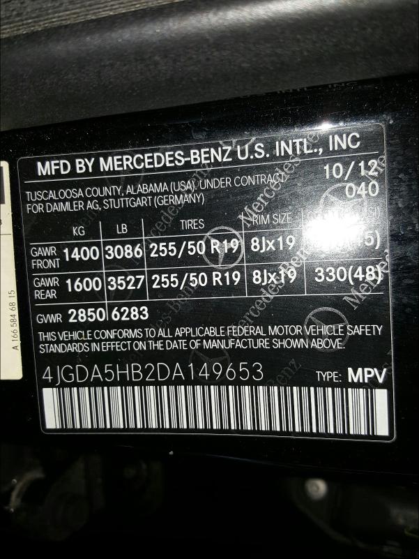 Photo 9 VIN: 4JGDA5HB2DA149653 - MERCEDES-BENZ ML 350 4MA 