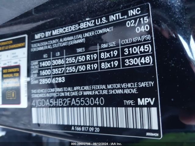 Photo 8 VIN: 4JGDA5HB2FA553040 - MERCEDES-BENZ ML-CLASS 