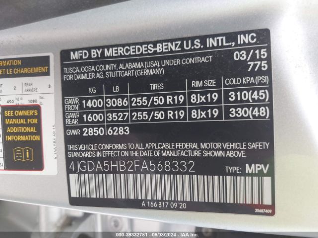 Photo 8 VIN: 4JGDA5HB2FA568332 - MERCEDES-BENZ ML 350 