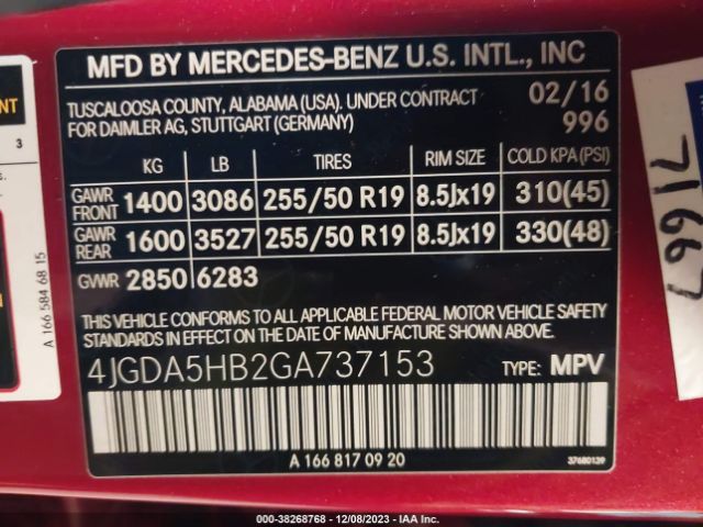 Photo 8 VIN: 4JGDA5HB2GA737153 - MERCEDES-BENZ GLE 350 