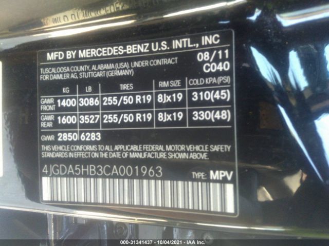 Photo 8 VIN: 4JGDA5HB3CA001963 - MERCEDES-BENZ M-CLASS 