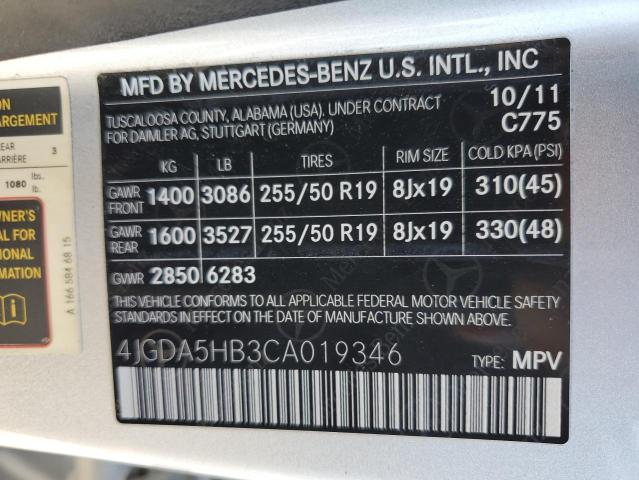 Photo 11 VIN: 4JGDA5HB3CA019346 - MERCEDES-BENZ ML 350 4MA 