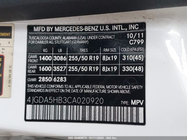 Photo 8 VIN: 4JGDA5HB3CA020920 - MERCEDES-BENZ ML 350 