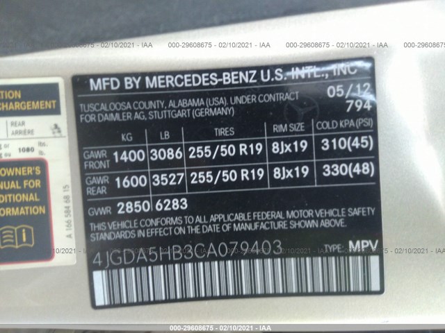 Photo 8 VIN: 4JGDA5HB3CA079403 - MERCEDES-BENZ M-CLASS 