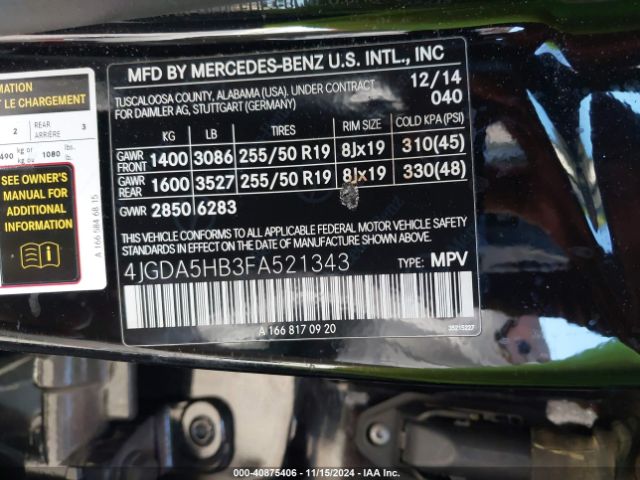 Photo 8 VIN: 4JGDA5HB3FA521343 - MERCEDES-BENZ ML-CLASS 