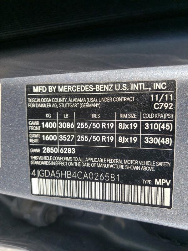 Photo 9 VIN: 4JGDA5HB4CA026581 - MERCEDES-BENZ ML 350 4MA 