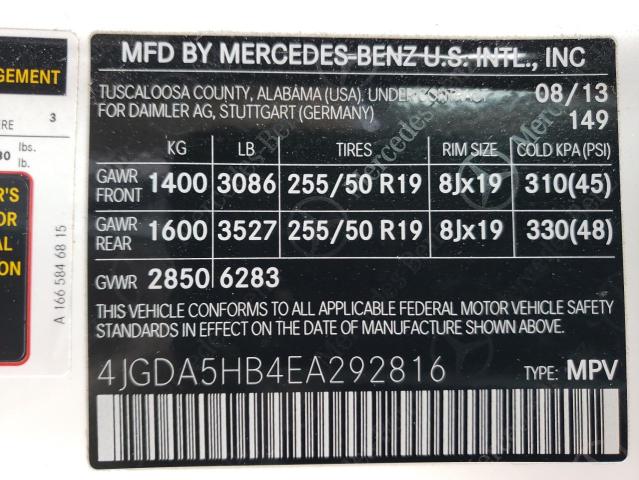 Photo 12 VIN: 4JGDA5HB4EA292816 - MERCEDES-BENZ ML 350 4MA 