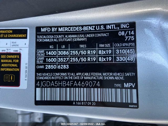 Photo 8 VIN: 4JGDA5HB4FA469074 - MERCEDES-BENZ M-CLASS 