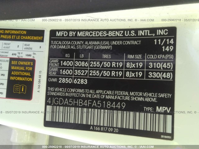 Photo 8 VIN: 4JGDA5HB4FA518449 - MERCEDES-BENZ ML-CLASS 