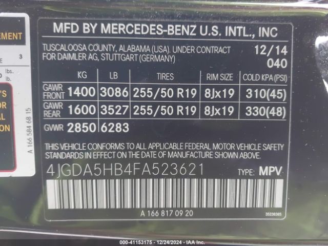 Photo 8 VIN: 4JGDA5HB4FA523621 - MERCEDES-BENZ ML-CLASS 