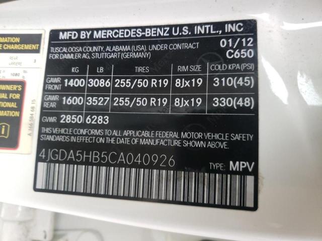 Photo 9 VIN: 4JGDA5HB5CA040926 - MERCEDES-BENZ ML 350 4MA 