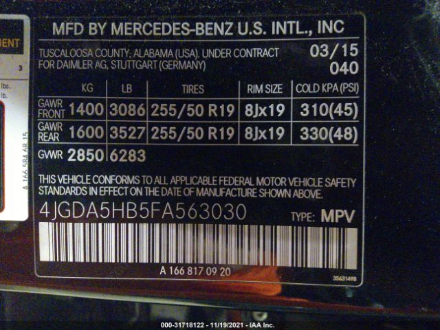 Photo 8 VIN: 4JGDA5HB5FA563030 - MERCEDES-BENZ ML 350 