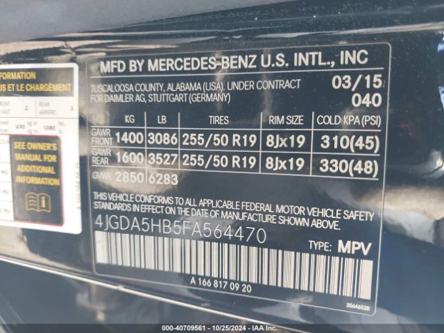 Photo 8 VIN: 4JGDA5HB5FA564470 - MERCEDES-BENZ ML-CLASS 