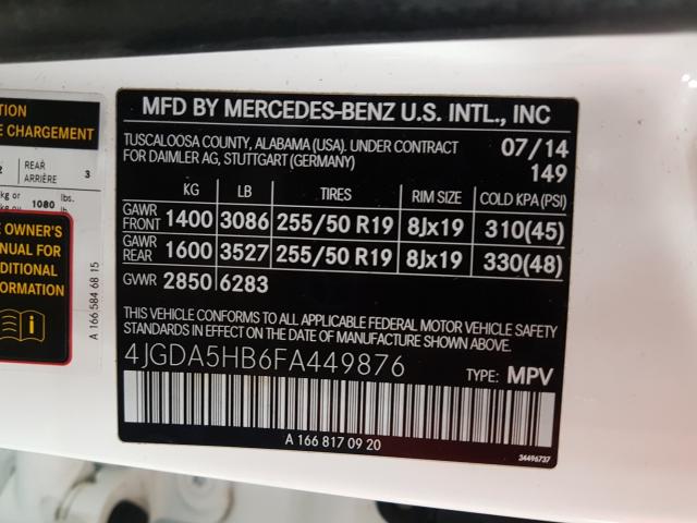 Photo 9 VIN: 4JGDA5HB6FA449876 - MERCEDES-BENZ ML 350 4MA 