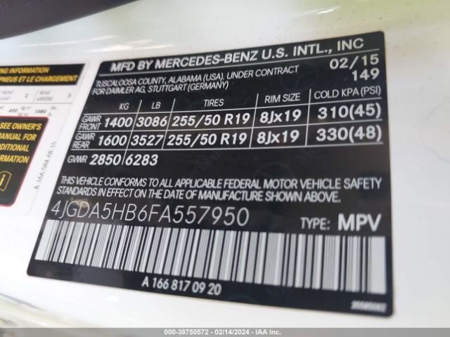 Photo 8 VIN: 4JGDA5HB6FA557950 - MERCEDES-BENZ ML 350 