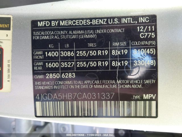 Photo 8 VIN: 4JGDA5HB7CA031337 - MERCEDES-BENZ ML 350 