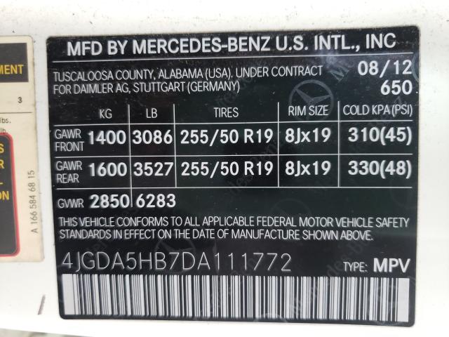 Photo 9 VIN: 4JGDA5HB7DA111772 - MERCEDES-BENZ ML 350 4MA 