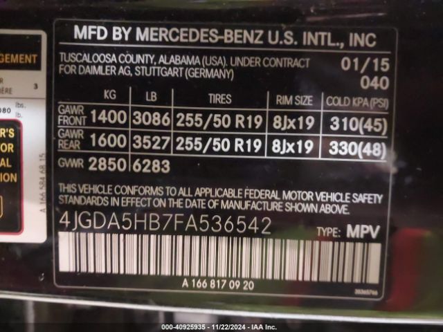 Photo 8 VIN: 4JGDA5HB7FA536542 - MERCEDES-BENZ ML-CLASS 