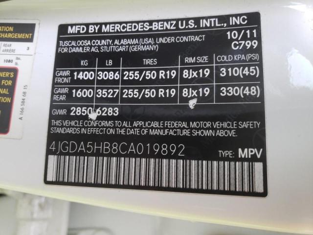 Photo 9 VIN: 4JGDA5HB8CA019892 - MERCEDES-BENZ ML 350 4MA 