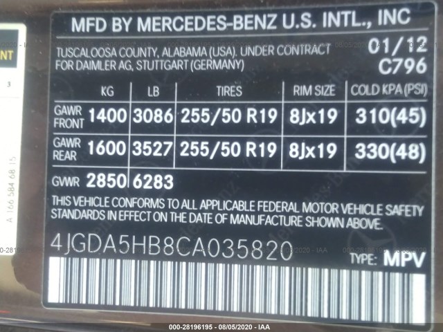 Photo 8 VIN: 4JGDA5HB8CA035820 - MERCEDES-BENZ M-CLASS 