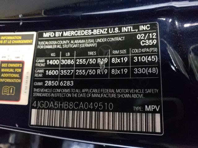 Photo 12 VIN: 4JGDA5HB8CA049510 - MERCEDES-BENZ ML 350 4MA 