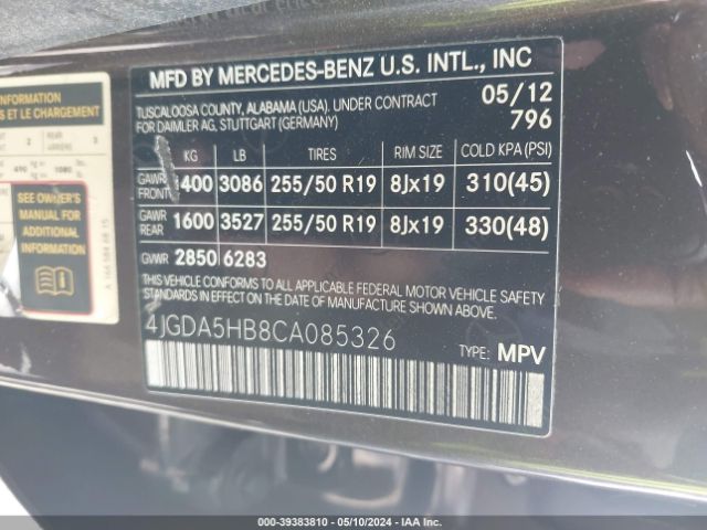 Photo 8 VIN: 4JGDA5HB8CA085326 - MERCEDES-BENZ ML 