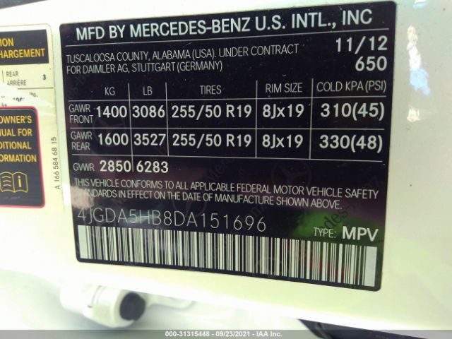 Photo 8 VIN: 4JGDA5HB8DA151696 - MERCEDES-BENZ M-CLASS 