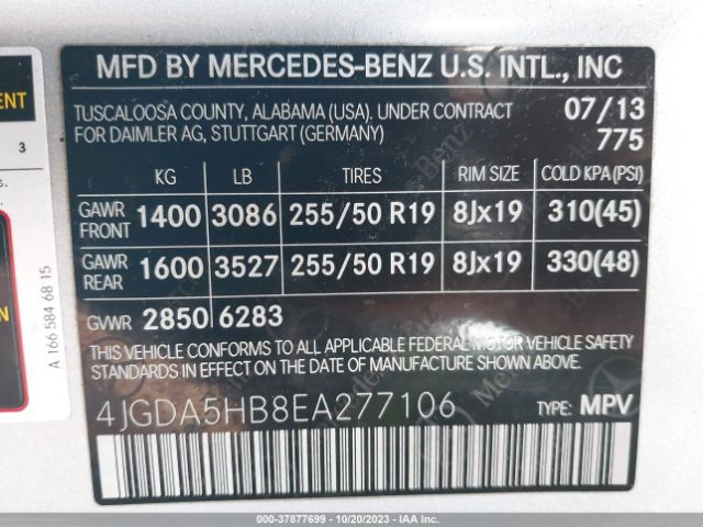 Photo 8 VIN: 4JGDA5HB8EA277106 - MERCEDES-BENZ M-CLASS 