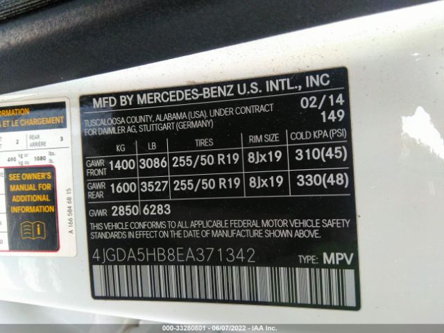 Photo 8 VIN: 4JGDA5HB8EA371342 - MERCEDES-BENZ M-CLASS 