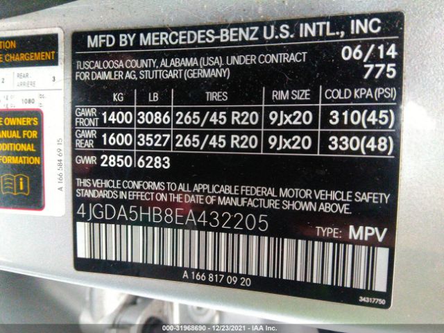 Photo 8 VIN: 4JGDA5HB8EA432205 - MERCEDES-BENZ M-CLASS 