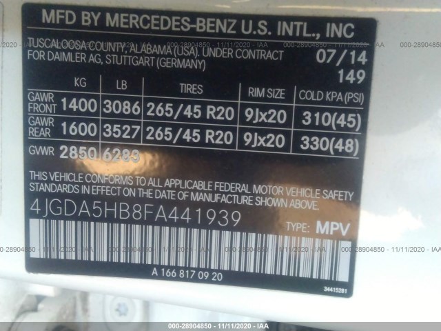 Photo 8 VIN: 4JGDA5HB8FA441939 - MERCEDES-BENZ M-CLASS 