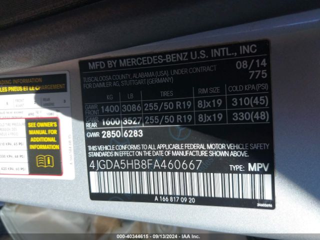 Photo 8 VIN: 4JGDA5HB8FA460667 - MERCEDES-BENZ ML-CLASS 