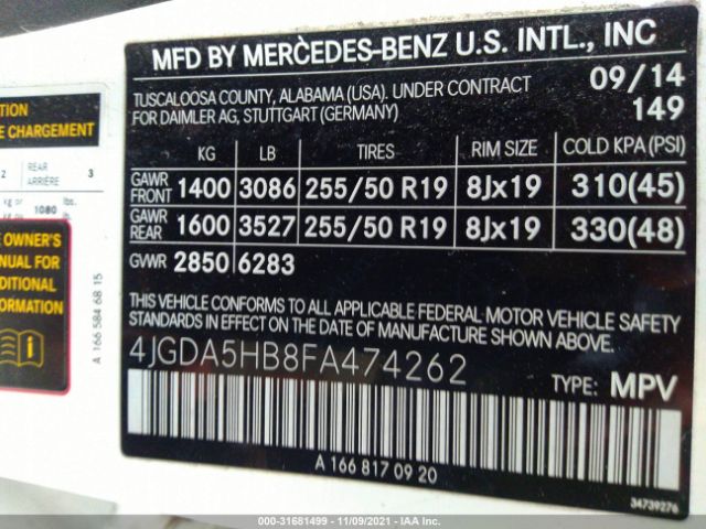 Photo 8 VIN: 4JGDA5HB8FA474262 - MERCEDES-BENZ M-CLASS 