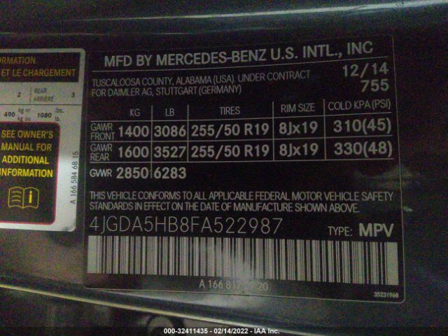 Photo 8 VIN: 4JGDA5HB8FA522987 - MERCEDES-BENZ M-CLASS 