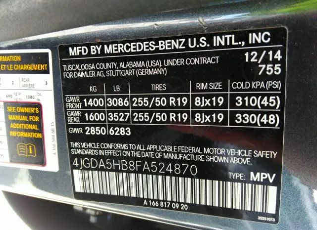 Photo 8 VIN: 4JGDA5HB8FA524870 - MERCEDES-BENZ M-CLASS 