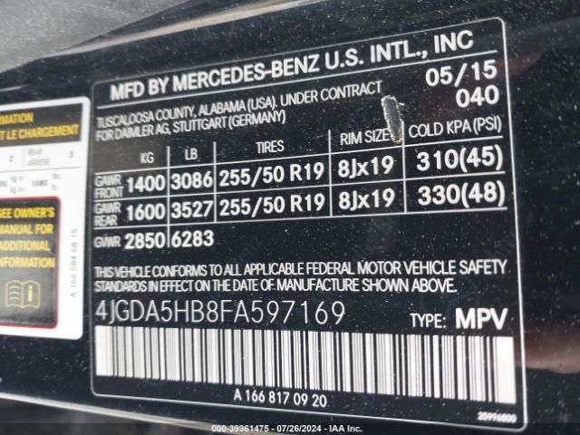 Photo 8 VIN: 4JGDA5HB8FA597169 - MERCEDES-BENZ ML-CLASS 