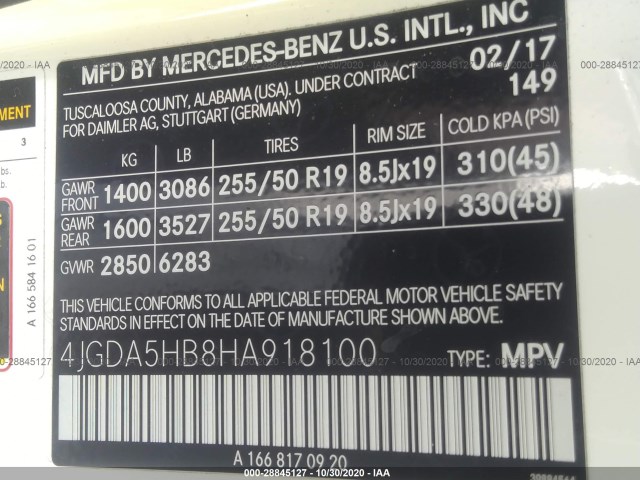 Photo 8 VIN: 4JGDA5HB8HA918100 - MERCEDES-BENZ GLE 350 