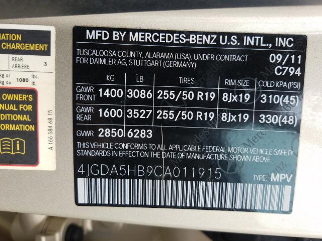 Photo 9 VIN: 4JGDA5HB9CA011915 - MERCEDES-BENZ ML 350 4MA 