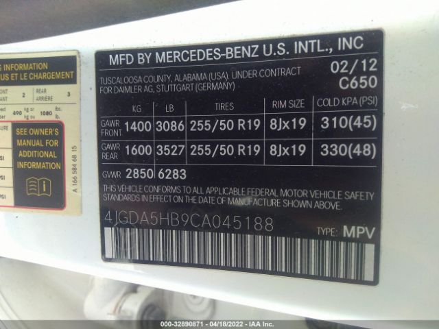 Photo 8 VIN: 4JGDA5HB9CA045188 - MERCEDES-BENZ M-CLASS 