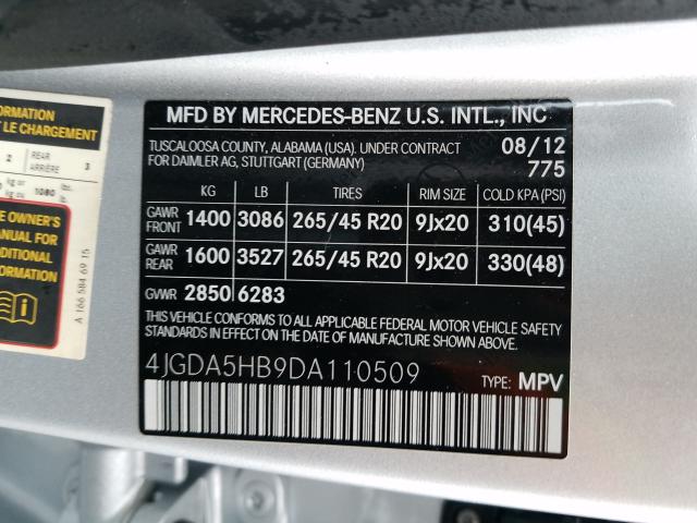 Photo 9 VIN: 4JGDA5HB9DA110509 - MERCEDES-BENZ ML 350 4MA 