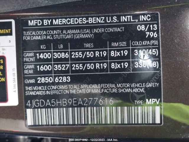 Photo 8 VIN: 4JGDA5HB9EA277616 - MERCEDES-BENZ ML 350 