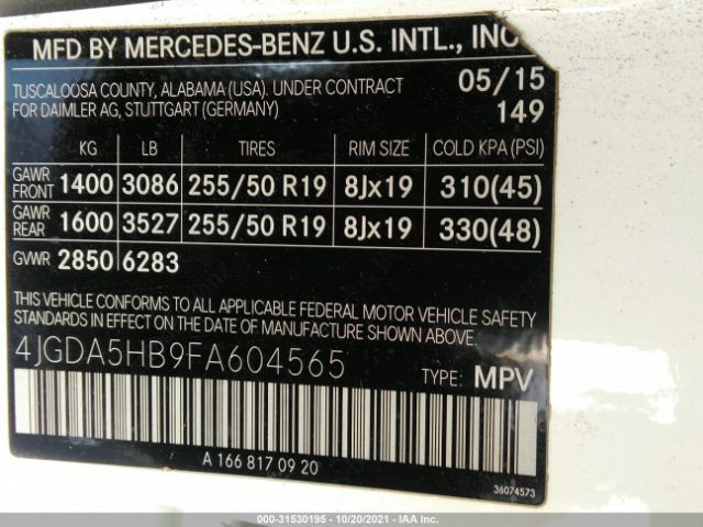 Photo 8 VIN: 4JGDA5HB9FA604565 - MERCEDES-BENZ M-CLASS 