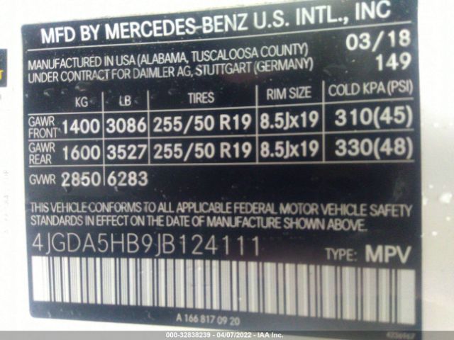 Photo 8 VIN: 4JGDA5HB9JB124111 - MERCEDES-BENZ GLE 