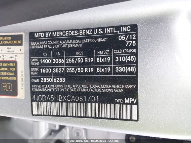 Photo 8 VIN: 4JGDA5HBXCA081701 - MERCEDES-BENZ ML 350 