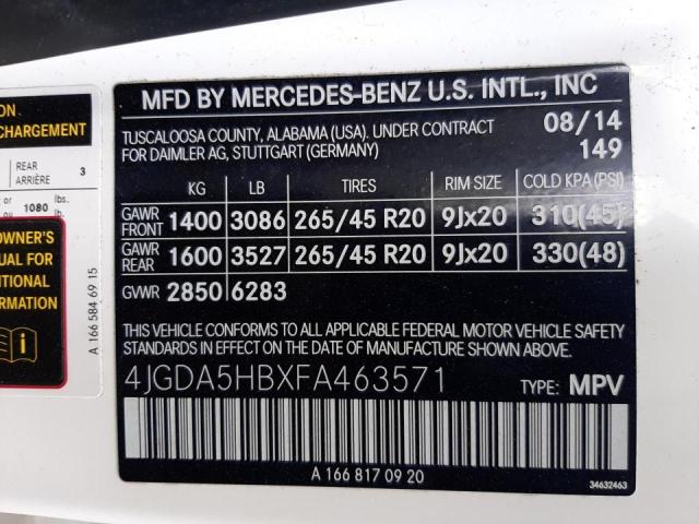 Photo 9 VIN: 4JGDA5HBXFA463571 - MERCEDES-BENZ ML 350 4MA 