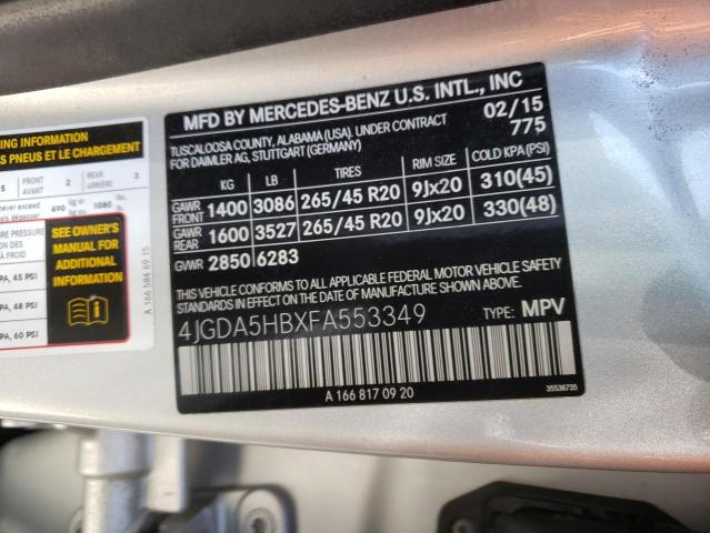 Photo 9 VIN: 4JGDA5HBXFA553349 - MERCEDES-BENZ ML 350 4MA 