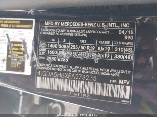 Photo 8 VIN: 4JGDA5HBXFA578235 - MERCEDES-BENZ ML-CLASS 